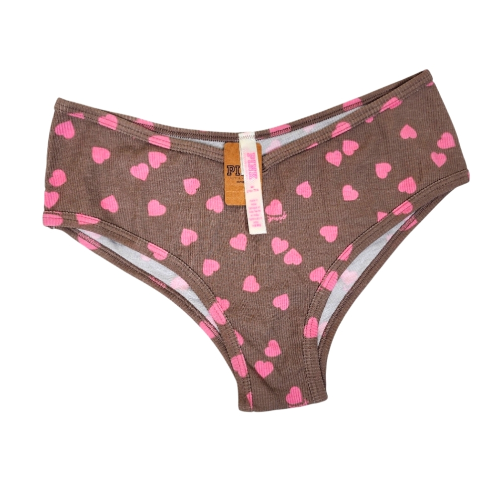 PINK Tan and Pink Hearts Cotton Ribbed Cheeky Valentine's Day Panty Size M